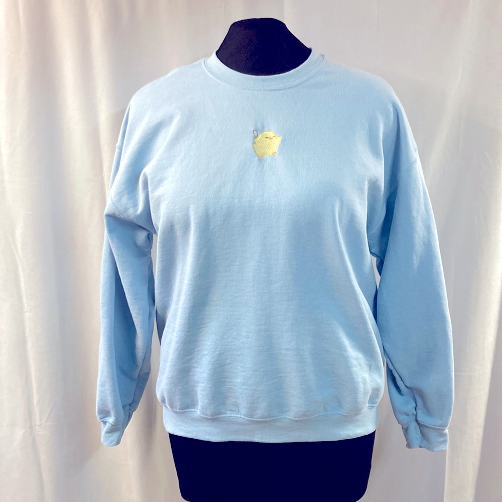 Baby blue, crew neck sweatshirt with knife duck embroidery